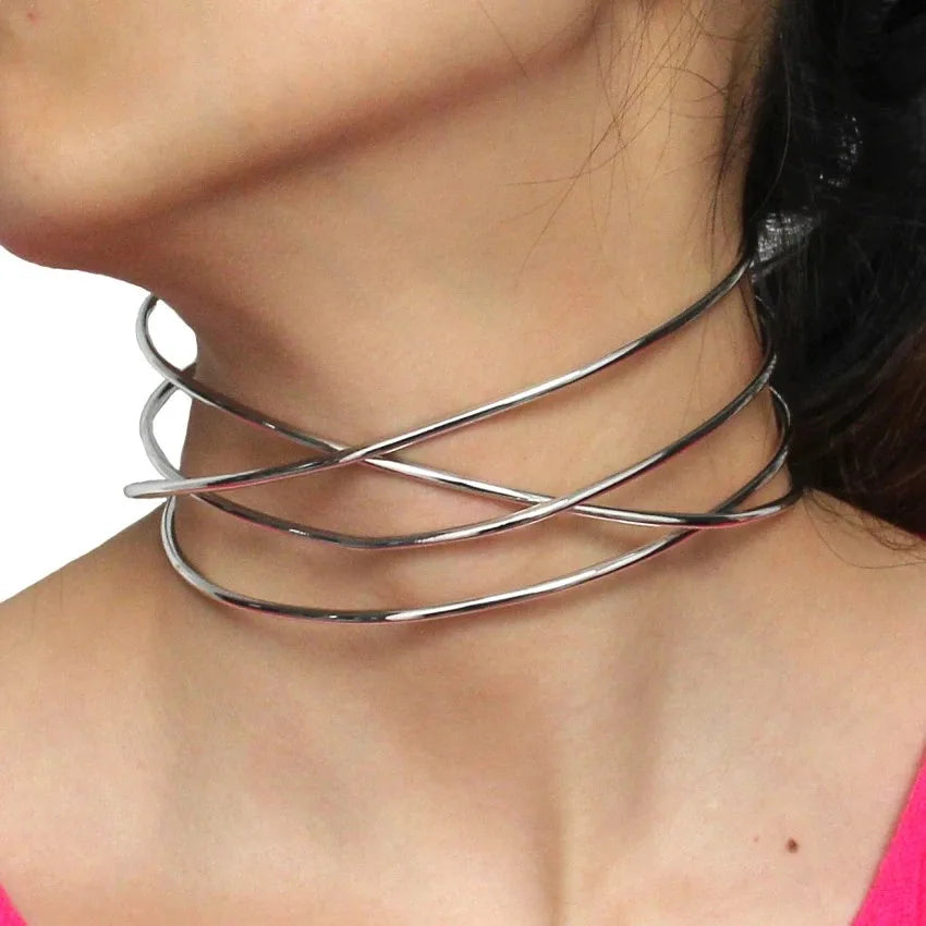 Punk Silver Alloy Torques Choker Necklace for Women Geometric Collar