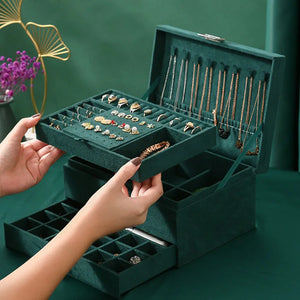 Green Velvet Jewelry Organizer Large Capacity with Lock