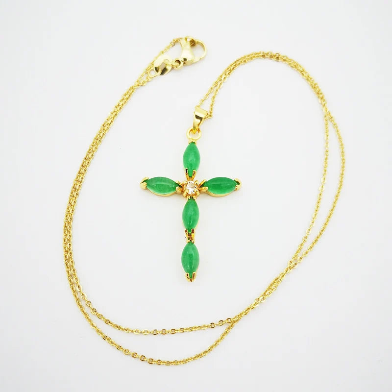 Green Jades Cross Pendant Chain 1PCS 35x24MM Marquise