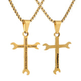 Wrench Cross Stainless Steel Necklace - I CAN DO ALL THINGS Bible Verse Pendant