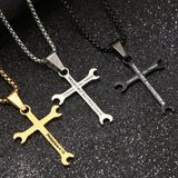 Wrench Cross Stainless Steel Necklace - I CAN DO ALL THINGS Bible Verse Pendant