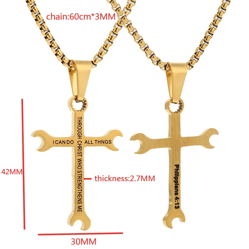 Wrench Cross Stainless Steel Necklace - I CAN DO ALL THINGS Bible Verse Pendant