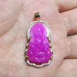 Carved Kwan Yin Fuchsia Green Jade Stone Pendant