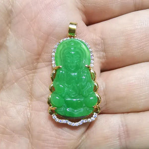 Carved Kwan Yin Fuchsia Green Jade Stone Pendant