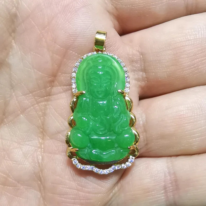 Carved Kwan Yin Fuchsia Green Jade Stone Pendant