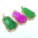 Carved Kwan Yin Fuchsia Green Jade Stone Pendant