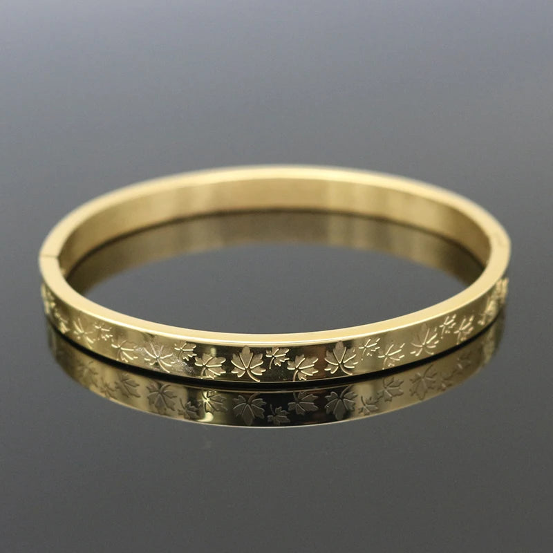 Maple Leaf Pattern Bangle Stainless Steel Bracelet for Women
