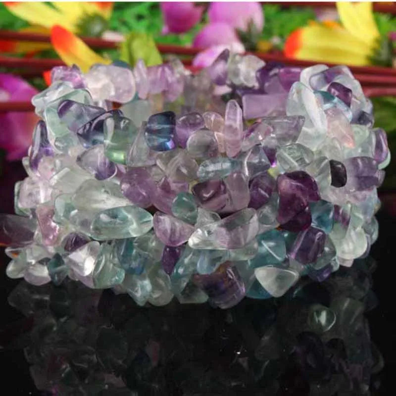 Natural Fluorite Chips Beads Stretch Bracelet 7"