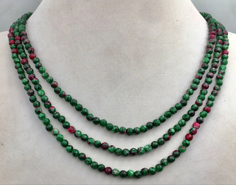 4mm Natural Green Ruby Faceted Beads Necklace 3 Strand