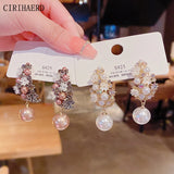 Crystal Zircon Pearl Dangle Earrings 925 Silver Studs