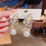 Crystal Zircon Pearl Dangle Earrings 925 Silver Studs