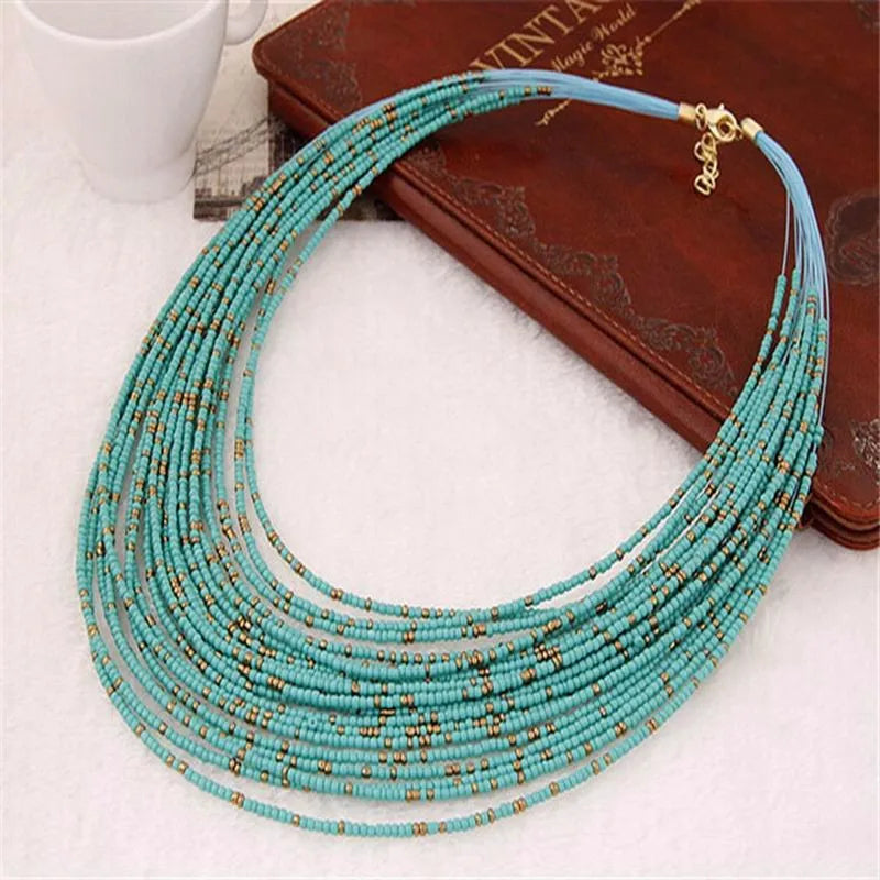 Retro Personality Necklace Bohemian Drop Multi-Layer Rice Beads Necklace Jewelry