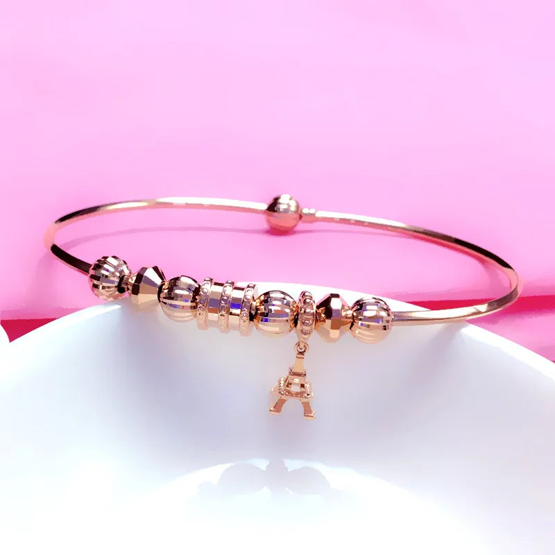 14K Rose Geometric Bead Pendant Charm Bracelet for Women