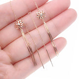Purple Flower Tassel Earrings 14K Rose Plated Long Chain Ear Line