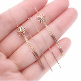 Purple Flower Tassel Earrings 14K Rose Plated Long Chain Ear Line