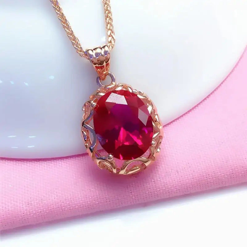 14K Rose Gold Oval Ruby Necklace for Women, Purple Inlaid Pendant