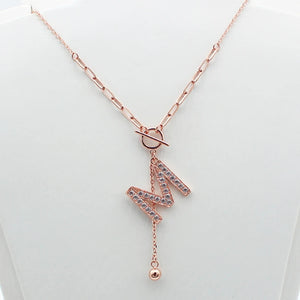 Purple 14K Rose Crystal M Tassel Pendant Necklace Light Wedding Jewelry