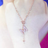 Purple 14K Rose Crystal M Tassel Pendant Necklace Light Wedding Jewelry
