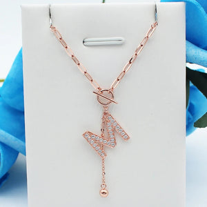 Purple 14K Rose Crystal M Tassel Pendant Necklace Light Wedding Jewelry