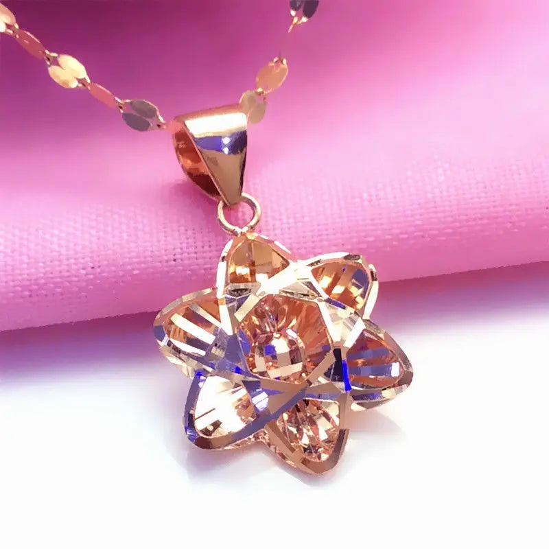 14K Rose Flower Necklace Purple Plated Ball Bead Pendant