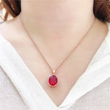 Purple Ruby Necklace 14K Rose Inlaid Oval Pendant Glamour Party Jewelry