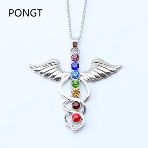 Chakra Stones Reiki Healing Crystal Rhinestone Pendant Necklace