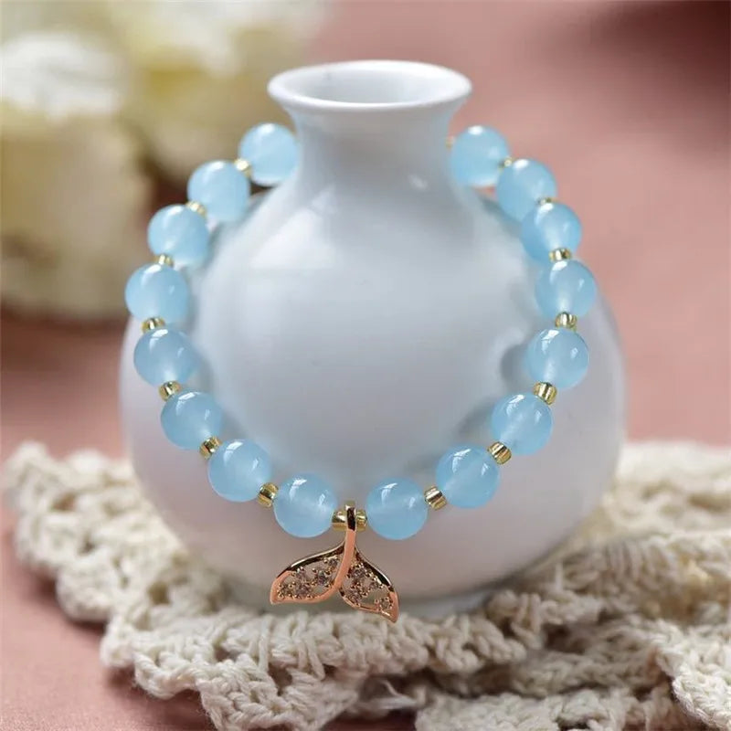 Natural Chalcedony Bracelet for Women Vintage Agate Jade Beaded Strand Jewelry