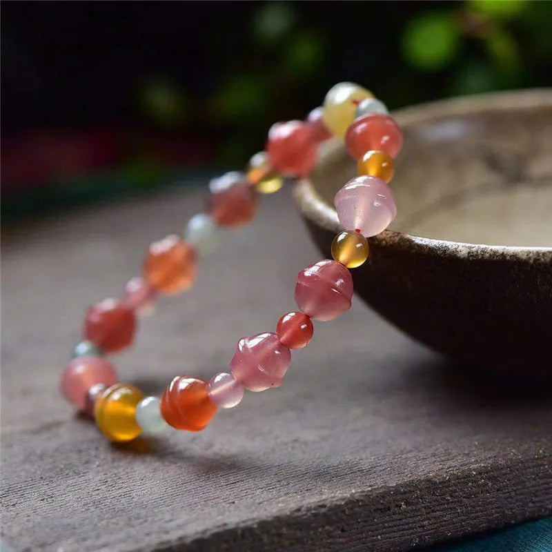 Natural Chalcedony Bracelet for Women Vintage Agate Jade Beaded Strand Jewelry