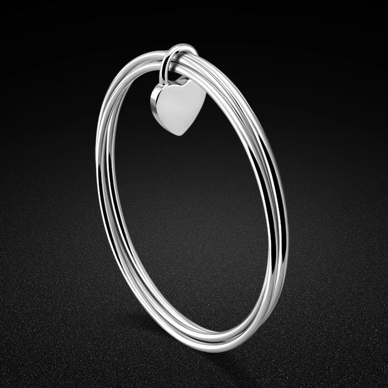 925 Silver Bangle Heart Pendant Circle Bracelet Charm Jewelry