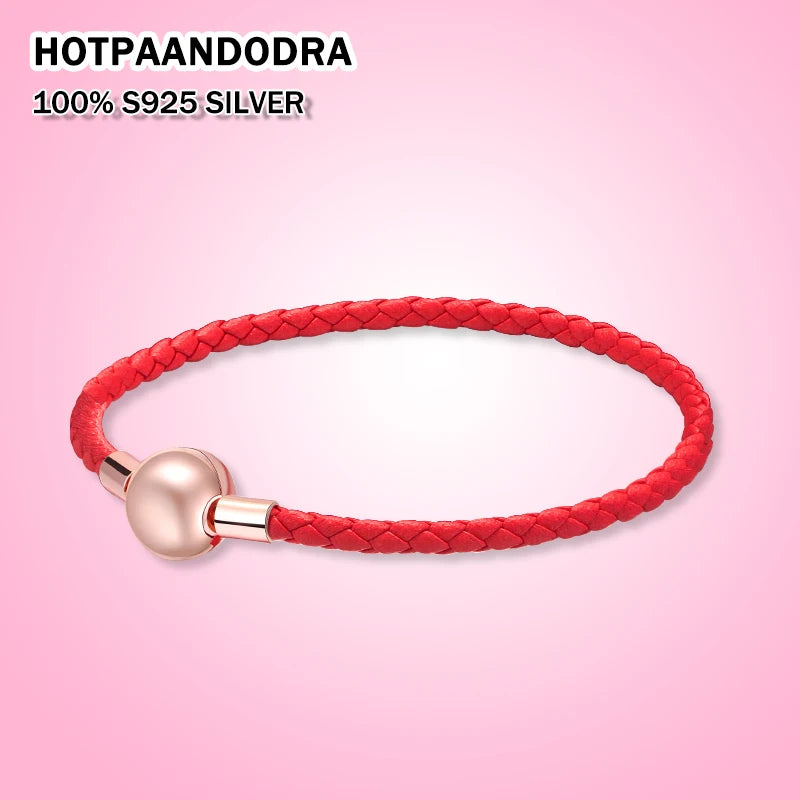 925 Silver Button Woven Leather Bracelets Fit Panpan Charm Bead Style Bracelet