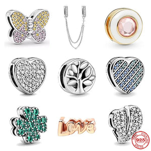 925 Silver Charm Beads Fit Bracelet Heart Leaf Buckle Clip Women Pendant