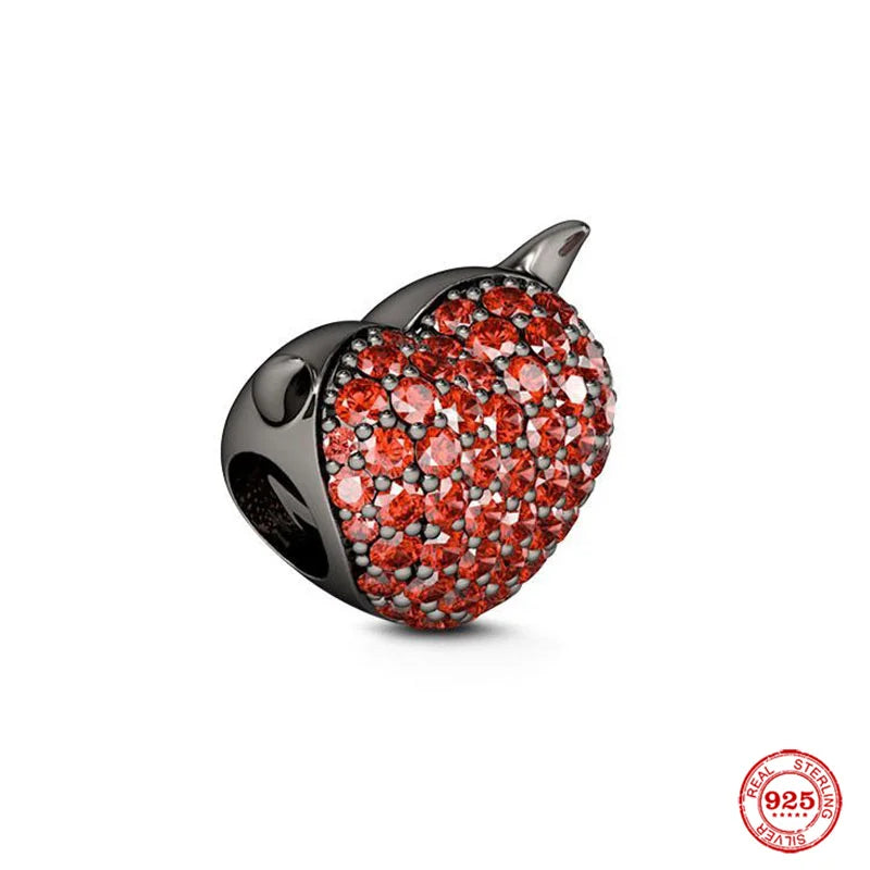 925 Silver Halloween Skull Charms Red Love Bead Bracelet Jewelry