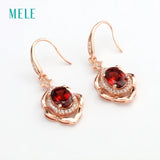 925 Silver Red Garnet Flower Dangle Earrings Wedding Jewelry
