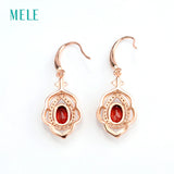 925 Silver Red Garnet Flower Dangle Earrings Wedding Jewelry