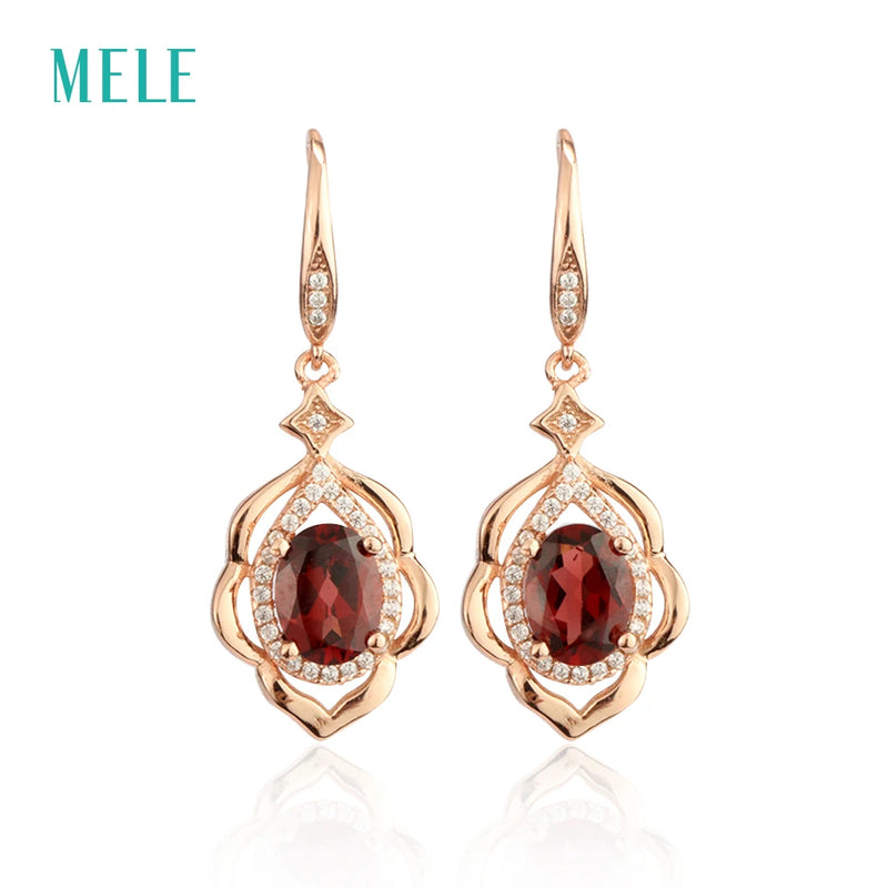 925 Silver Red Garnet Flower Dangle Earrings Wedding Jewelry