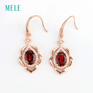 925 Silver Red Garnet Flower Dangle Earrings Wedding Jewelry