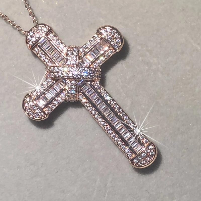 925 Silver Bible Jesus Cross Pendant Necklace with Simulated Diamond Rose