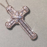 925 Silver Bible Jesus Cross Pendant Necklace with Simulated Diamond Rose