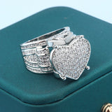 925 Silver Heart Ring CZ Micro Pave Cubic Zirconia Bling Hip Hop Punk Jewelry