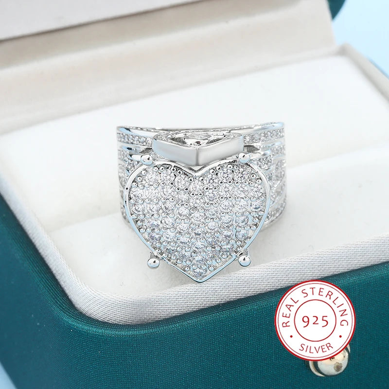 925 Silver Heart Ring CZ Micro Pave Cubic Zirconia Bling Hip Hop Punk Jewelry