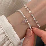 925 Silver Heart Pink Heart Link Adjustable Bracelet