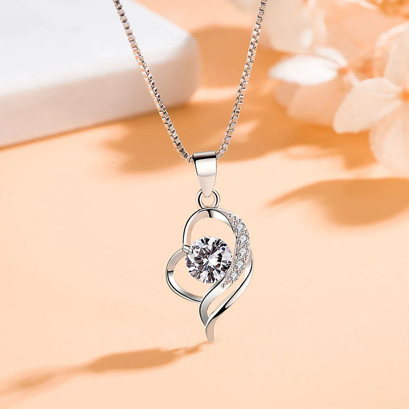 925 Silver Plated Crystal Zircon Heart Pendant Necklace for Women