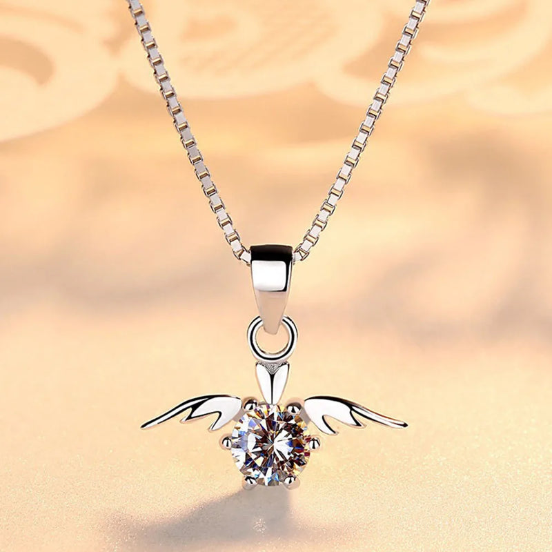 925 Silver Plated Angel Wings Pendant Necklace with High Crystal Zircon