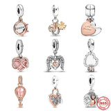 925 Silver Rose Heart Padlock Double Family Dangle Charm Beads Love Pendant