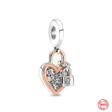 925 Silver Rose Heart Padlock Double Family Dangle Charm Beads Love Pendant