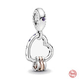 925 Silver Rose Heart Padlock Double Family Dangle Charm Beads Love Pendant