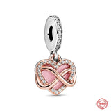 925 Silver Rose Heart Padlock Double Family Dangle Charm Beads Love Pendant