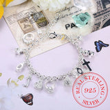 925 Silver Cross Heart Moon Flower Zircon Bracelet Bangle