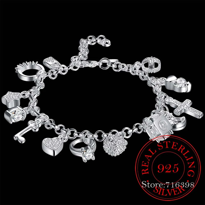 925 Silver Cross Heart Moon Flower Zircon Bracelet Bangle