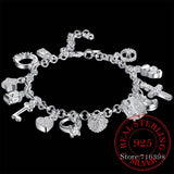 925 Silver Cross Heart Moon Flower Zircon Bracelet Bangle